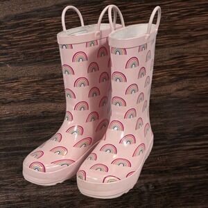 HB Girls Size 2 Rubber Rain Boots Pull On Rainbow Print Whimsical Kawaii Kidcore